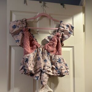 Free People Floral Ruffle Sleeve Top - Pink and Blue
